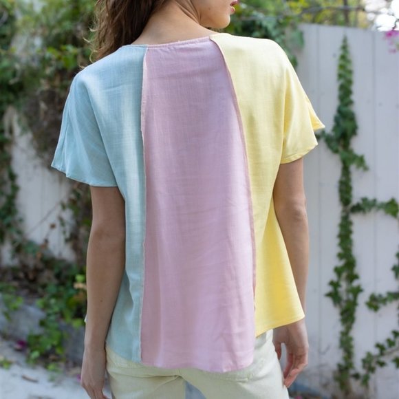 Yellow Pink & Mint Linen Blend Colorblock Short Sleeve Top - Picture 4 of 4
